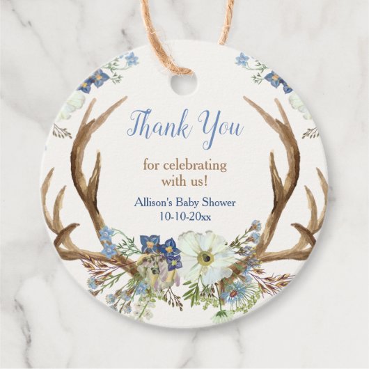 素朴〔雄ジカの〕枝角ブルー白フローラ赤ちゃんシャワー フェイバータグ (正面)