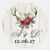 素朴〔雄ジカの〕枝角木材フローラ結婚式用シールラベル ラウンドシール (正面)