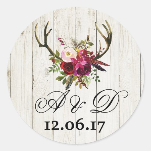 素朴〔雄ジカの〕枝角木材フローラ結婚式用シールラベル ラウンドシール (正面)