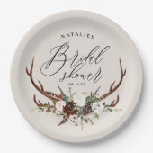 素朴〔雄ジカの〕枝角水彩フローラブライダルシャワー ペーパープレート (正面)