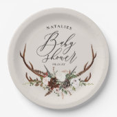 素朴〔雄ジカの〕枝角水色フローラベビースシャワー ペーパープレート (正面)