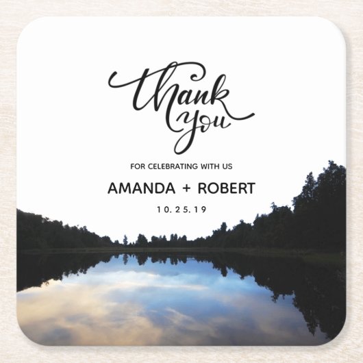 ©素朴 Lake Reflections Lakeside結婚式の引き出物 スクエアペーパーコースター (正面)