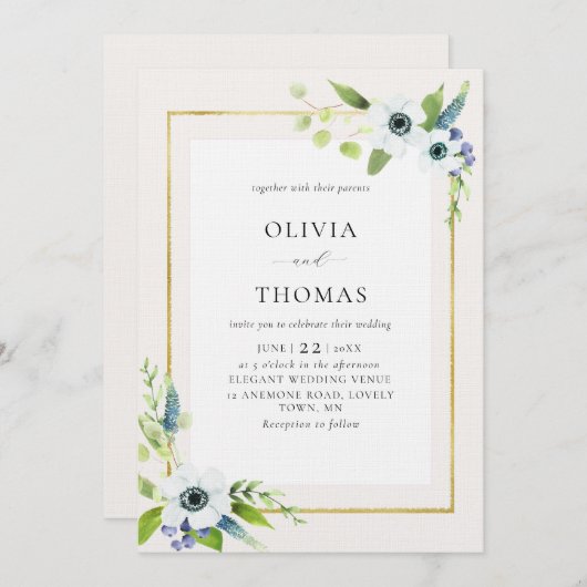 素朴Anemone Blue金ゴールドフローラフレーム結婚 招待状 (正面/裏面)
