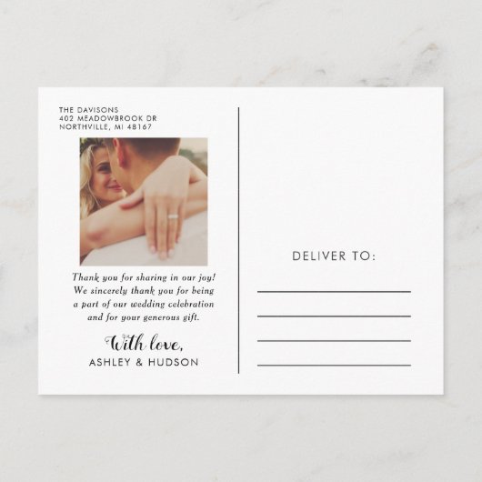 素朴Brushed Scriptの写真に結婚感謝 ポストカード (裏面)