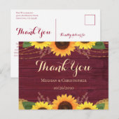 素朴Burgundy Wood Sunflower結婚's Thank You ポストカード (正面/裏面)