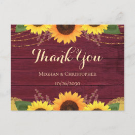 素朴Burgundy Wood Sunflower結婚's Thank You ポストカード