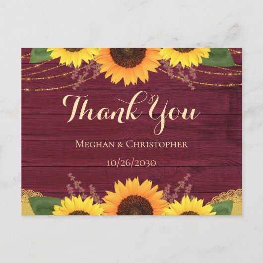 素朴Burgundy Wood Sunflower結婚's Thank You ポストカード (正面)