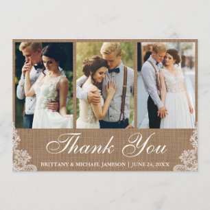 素朴Burlap Lace 3写真結婚Thank You サンキューカード