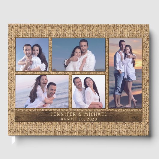 素朴Burlap Wood Instagramフォトコラージュ結婚ズ ゲストブック (正面)