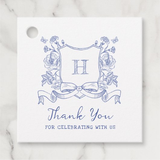 素朴Chinoiserie弓フローラクレスト赤ちゃんシャワー フェイバータグ (正面)