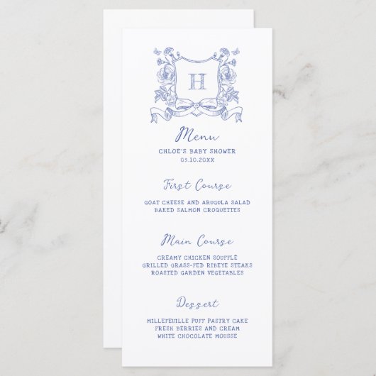 素朴Chinoiserie弓フローラクレスト赤ちゃんシャワー メニュー (正面/裏面)