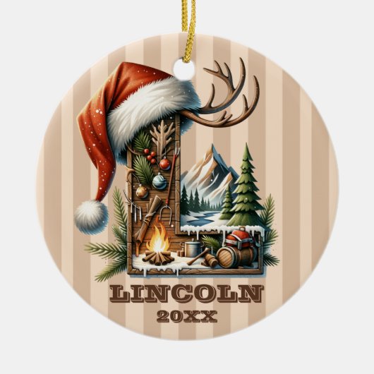 素朴Christmas Letter Lと冬の心地よいシーン セラミックオーナメント (正面)