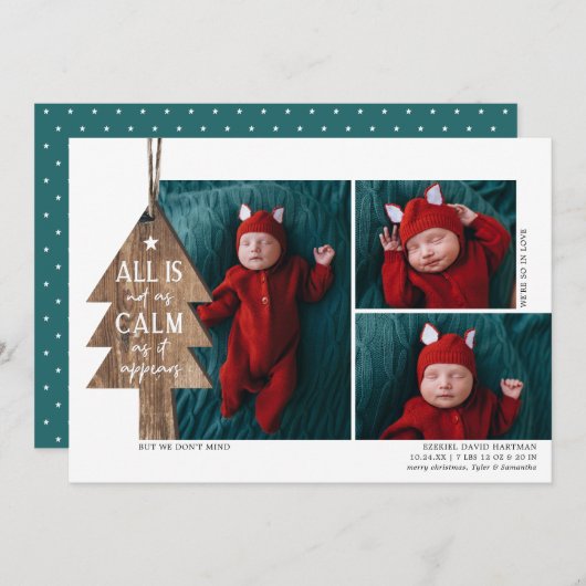 素朴Christmas Tree 3 Photo Birth Announcement シーズンカード (正面/裏面)