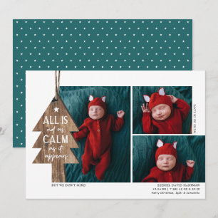 素朴Christmas Tree 3 Photo Birth Announcement シーズンカード
