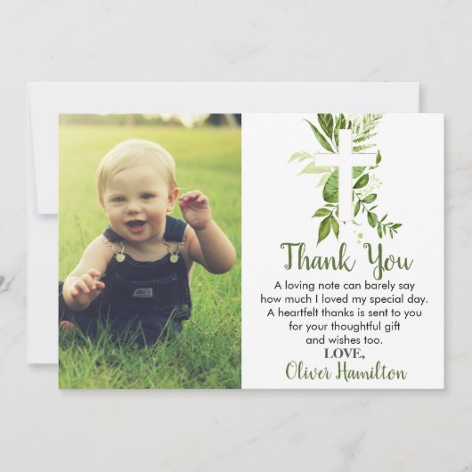 素朴Greenery Cross Boyバプテスマ写真 サンキューカード (正面)