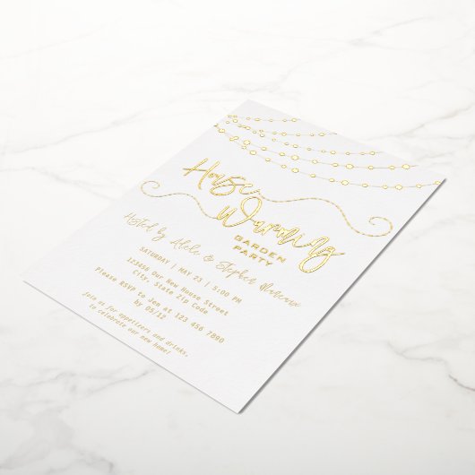 素朴Light String白引っ越し祝いパーティーパーティー金ゴールド 箔招待状 (回転した状態)