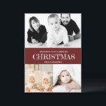 素朴Maroon Red Winter Christmas Photo Collage H シーズンカード<br><div class="desc">この美しく素朴な栗色の赤いクリスマスカードで休日の応援を広げろ！居心地の良い冬お気に入りののコラージュデザインで、家族の写真でパーソナライズ。温かい願いを送り、特別な思い出を披露するのに最適。豊かなマルーンの背景はフェスティバルtouchを追加し、心のこもった素朴な休日の挨拶を探している誰にとっても理想的である。自分カスタマイズのユニークなカードを簡単に作成！</div>