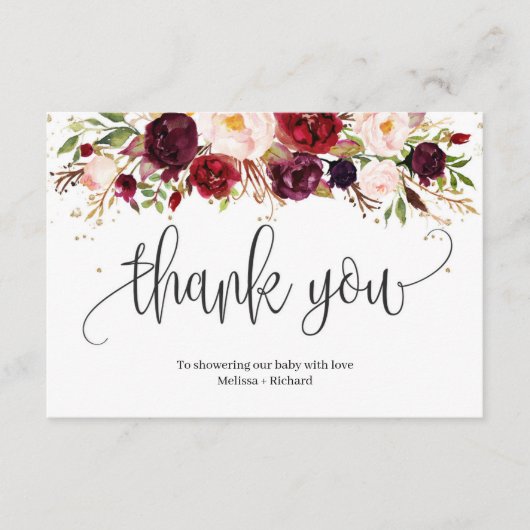 素朴marsala burgundyフローラ金ゴールド赤ちゃんシャワー エンクロージャーカード (正面)