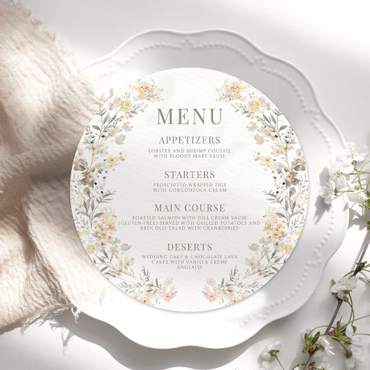 素朴Neutral Wildflowerの結婚Round Flat Menu メニュー