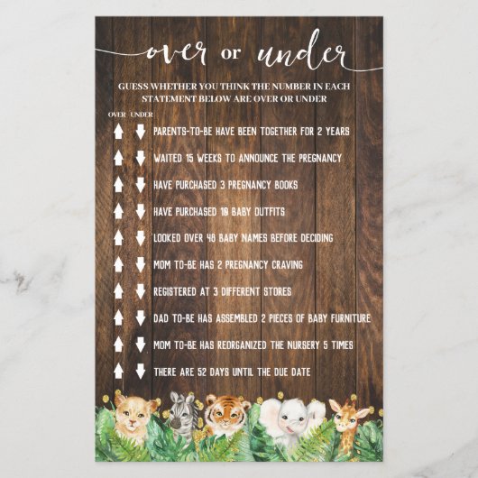 素朴Safariの上または下のベビーシャワーゲームカード チラシ (正面)