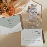 素朴Sage Greenモダン Photo結婚's オールインワン招待状<br><div class="desc">このオールイエレガントンワン結婚式招待状は、シックなセリフとサンフォントを黒で組み合わせた抜本的な書道文字を備えモダン、前面にフォトオーバーレイ、背面にカスタマイズ可能なモノグラムを備えている。一致する項目が使用可能。</div>