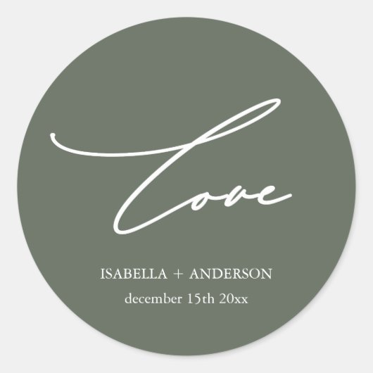 素朴Sage Green Love Script with Name 結婚's ラウンドシール (正面)