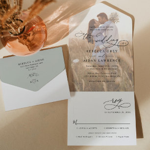 素朴Sage Green Photo結婚's オールインワン招待状