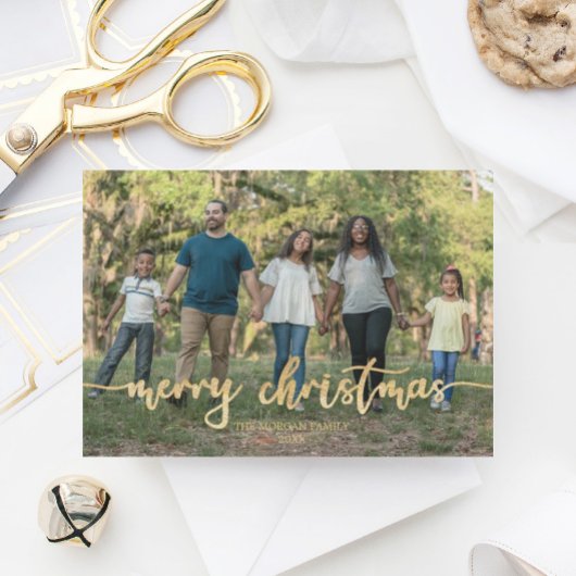 素朴Script Christmas Photo Card金ゴールド サンキューカード