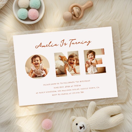 素朴Script Photo Collage First誕生日 招待状