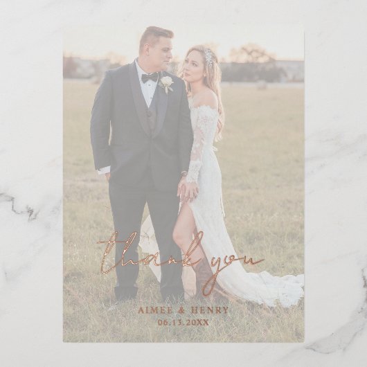 素朴Script Photo's モダン結婚 Thank You 箔招待状ポストカード (正面)