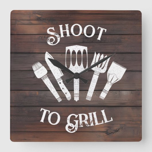 '素朴Shoot To Grill' - おもしろい BBQ Gift スクエア壁時計 (正面)