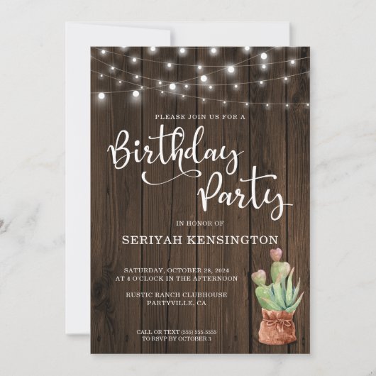 素朴String Lights Succulate Any Year誕生日 招待状 (正面)