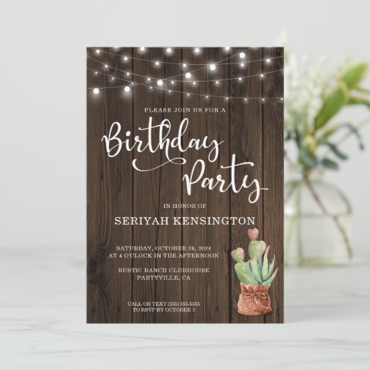 素朴String Lights Succulate Any Year誕生日 招待状 (スタンド正面)
