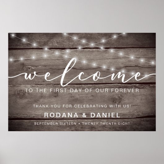 素朴Wood Lights Welcome結婚's Sign ポスター (正面)