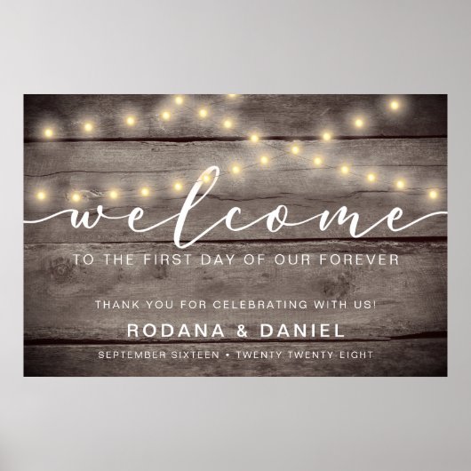 素朴Wood Lights Welcome結婚's Sign ポスター (正面)