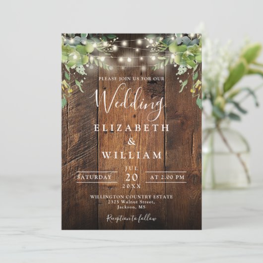 素朴Wood String Light Greenery詳細結婚 招待状 (スタンド正面)