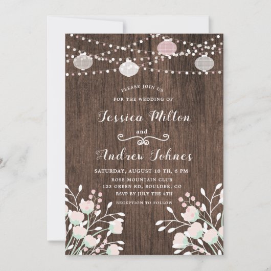 素朴Wood String Lights赤面フローラ結婚 招待状 (正面)