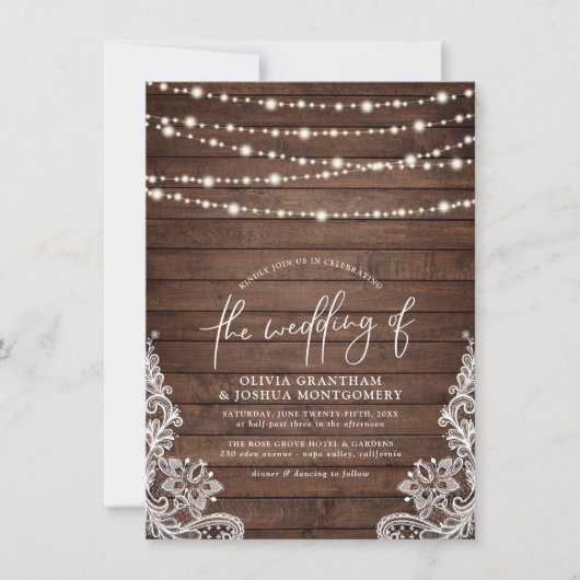 素朴Wood String Lights & Lace Script 結婚's 招待状 (正面)