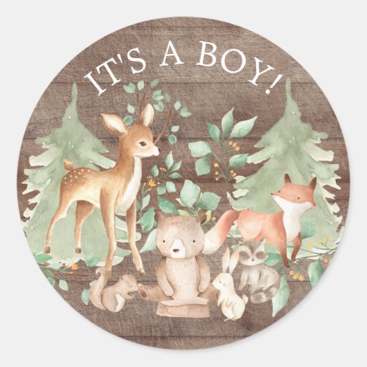 素朴Woodland Animals It'a Boy Favorites Sticker ラウンドシール (正面)