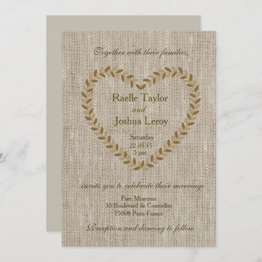 素朴zen burlapハートタウペ結婚式招待状 招待状 (正面/裏面)
