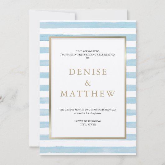 紡いだ砂糖 水彩 ストライプ & ゴールドレタリング  招待状 (正面)