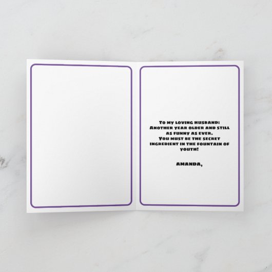 紫おもしろいと白の写真夫の誕生日 カード (内部)