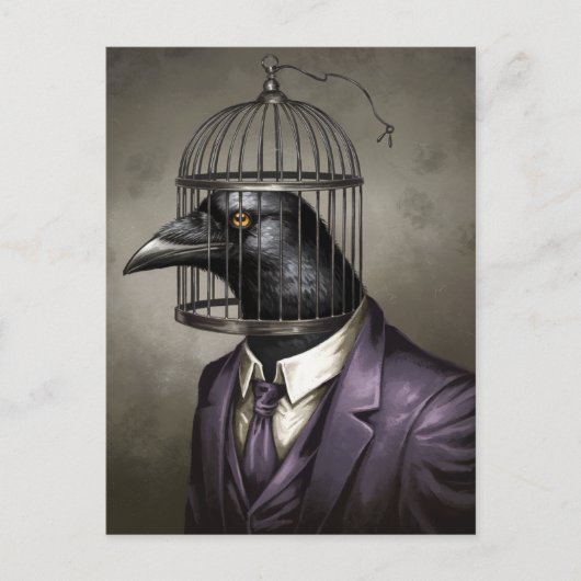 紫おもしろいのビジネススーツとケージヘッドの鳥 ポストカード (正面)