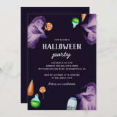 紫おもしろい水色幽霊。ハローウィンパーティ 招待状 (正面/裏面)