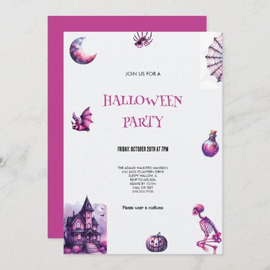 紫およびピンクのハローウィンパーティ招待状 招待状 (正面/裏面)