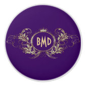 紫およびフェイクグリッターガーリーフローラ枠 セラミックノブ (正面)