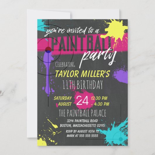 紫およびマゼンダ絵を描スプラッシュペイントボールパーティー 招待状 (正面)