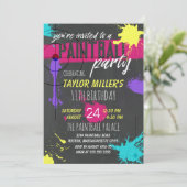 紫およびマゼンダ絵を描スプラッシュペイントボールパーティー 招待状 (スタンド正面)