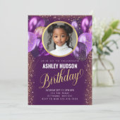 紫および金ゴールドバルーン子供の誕生日招待状 招待状 (スタンド正面)