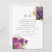 紫および金ゴールドヴィンテージフローラモノグラム結婚ズ 招待状 (正面)